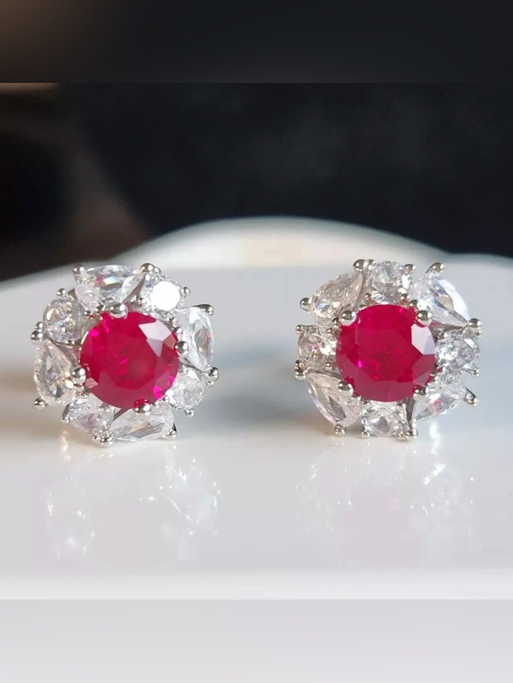 Natural Ruby White Sapphire Halo Stud Earrings White Gold Over Sterling Silver